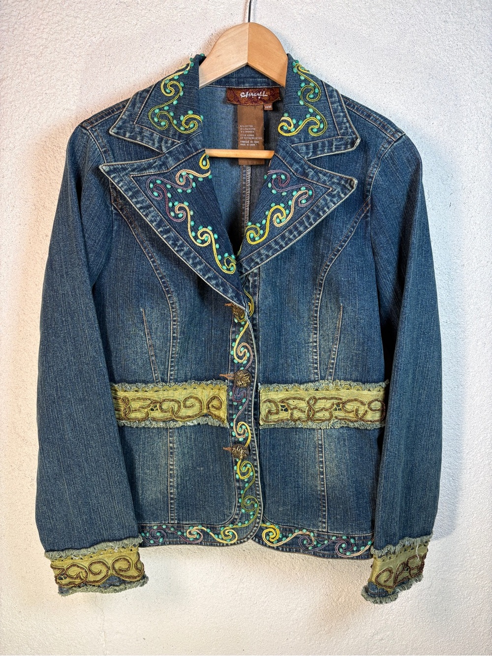 Chagall Embellished Jean Jacket Blazer Women Sz M Artsy Boho Festival Statement